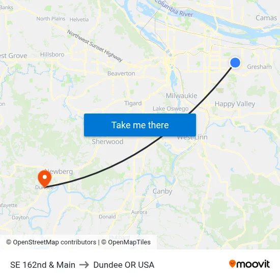 SE 162nd & Main to Dundee OR USA map