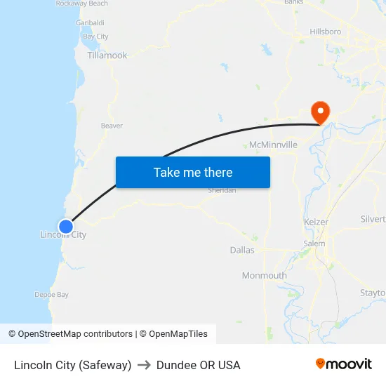 Lincoln City (Safeway) to Dundee OR USA map