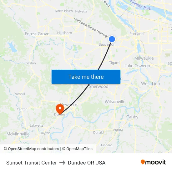Sunset Transit Center to Dundee OR USA map