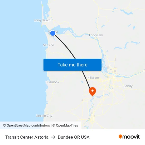 Transit Center Astoria to Dundee OR USA map