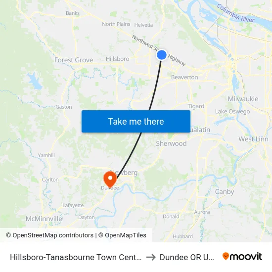 Hillsboro-Tanasbourne Town Center to Dundee OR USA map