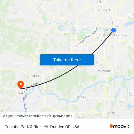 Tualatin Park & Ride to Dundee OR USA map