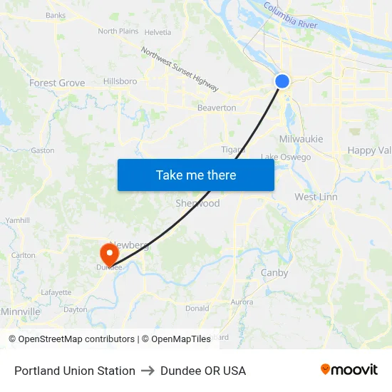 Portland Union Station to Dundee OR USA map