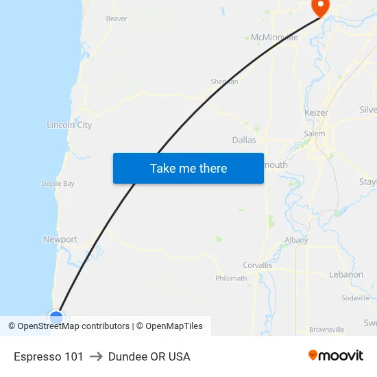 Espresso 101 to Dundee OR USA map