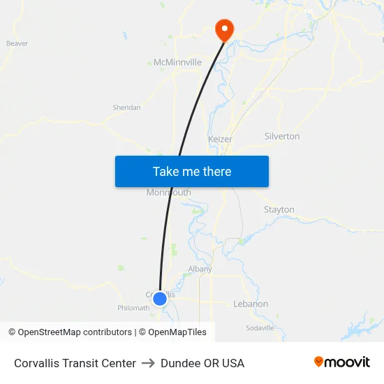 Corvallis Transit Center to Dundee OR USA map