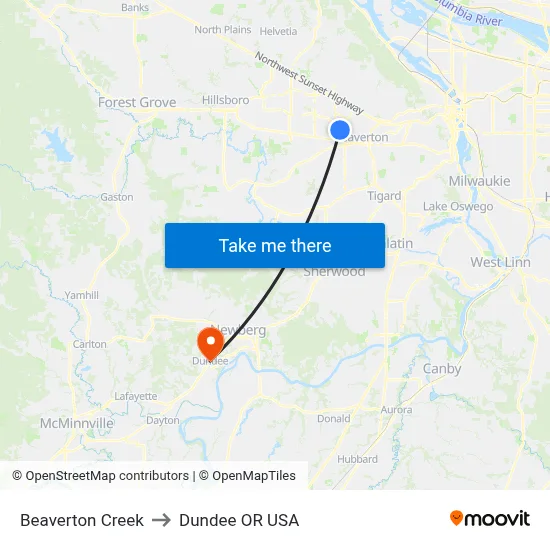 Beaverton Creek to Dundee OR USA map