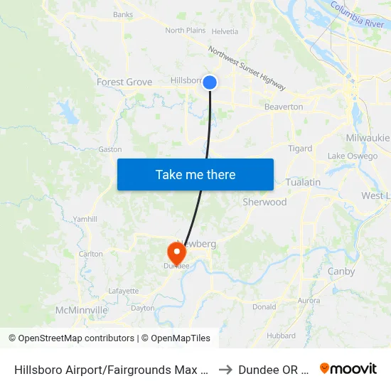 Hillsboro Airport/Fairgrounds Max Station to Dundee OR USA map