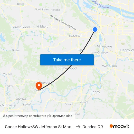 Goose Hollow/SW Jefferson St Max Station to Dundee OR USA map