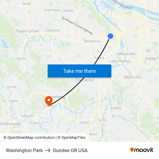 Washington Park to Dundee OR USA map
