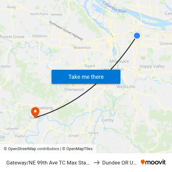 Gateway/NE 99th Ave TC Max Station to Dundee OR USA map