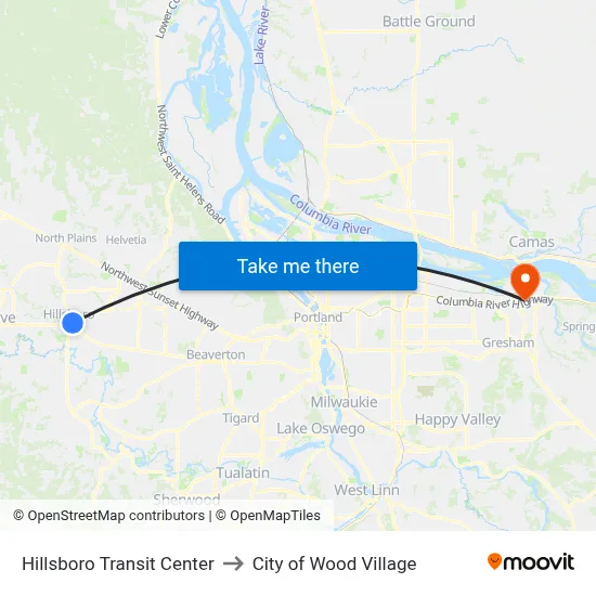 Hillsboro Transit Center to City of Wood Village map