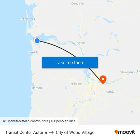 Transit Center Astoria to City of Wood Village map