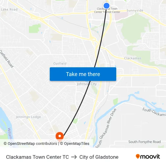 Clackamas Town Center TC to City of Gladstone map