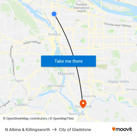 N Albina & Killingsworth to City of Gladstone map