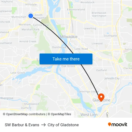 SW Barbur & Evans to City of Gladstone map