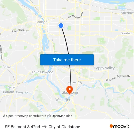 SE Belmont & 42nd to City of Gladstone map