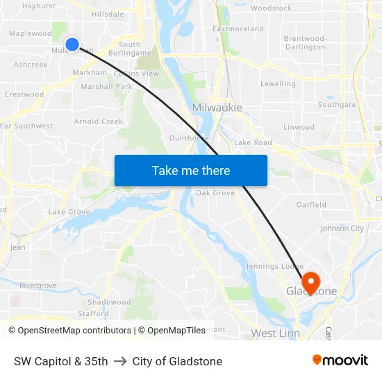 SW Capitol & 35th to City of Gladstone map