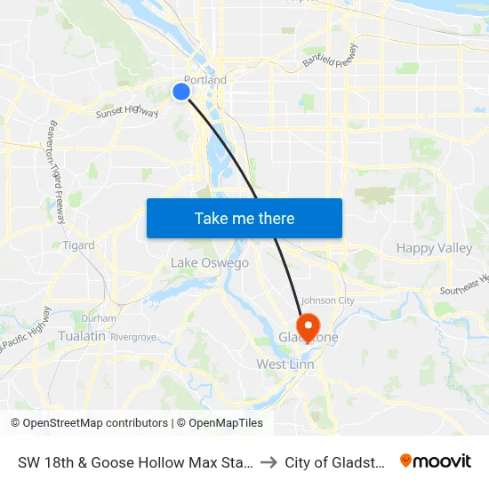 SW 18th & Goose Hollow Max Station to City of Gladstone map