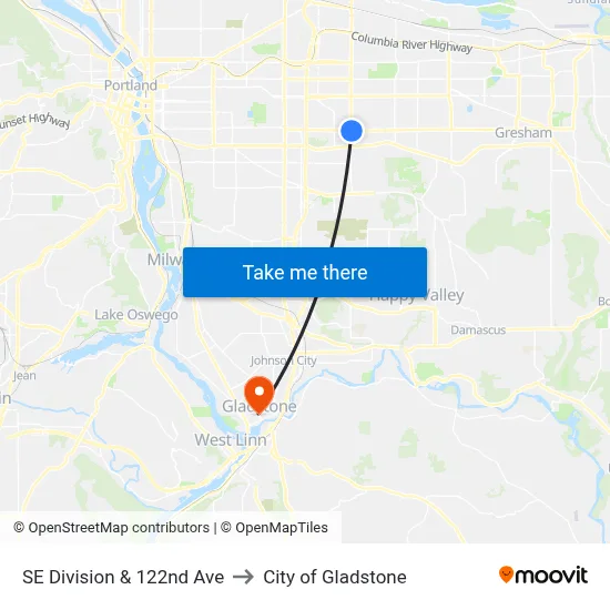 SE Division & 122nd Ave to City of Gladstone map