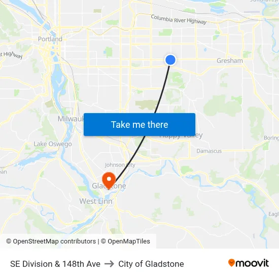 SE Division & 148th Ave to City of Gladstone map