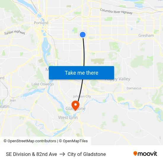 SE Division & 82nd Ave to City of Gladstone map