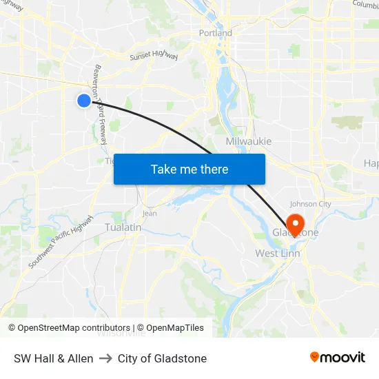 SW Hall & Allen to City of Gladstone map