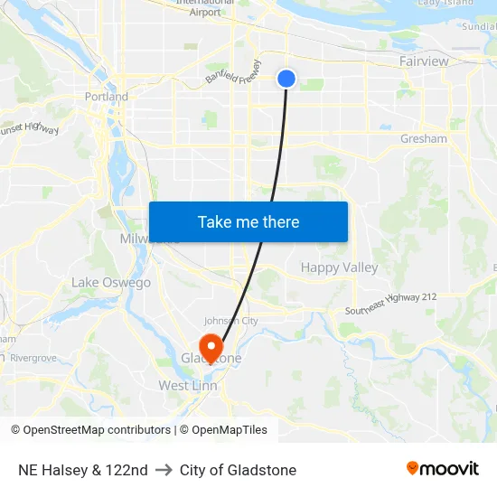 NE Halsey & 122nd to City of Gladstone map