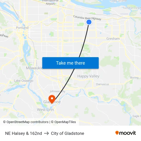 NE Halsey & 162nd to City of Gladstone map