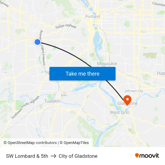 SW Lombard & 5th to City of Gladstone map