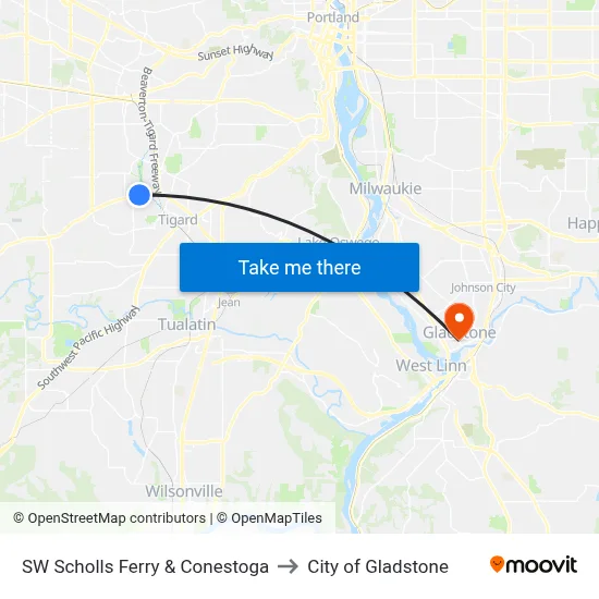 SW Scholls Ferry & Conestoga to City of Gladstone map
