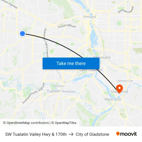 SW Tualatin Valley Hwy & 170th to City of Gladstone map