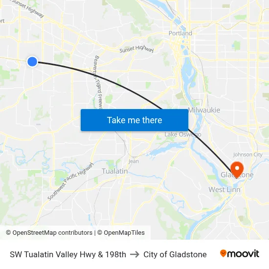 SW Tualatin Valley Hwy & 198th to City of Gladstone map