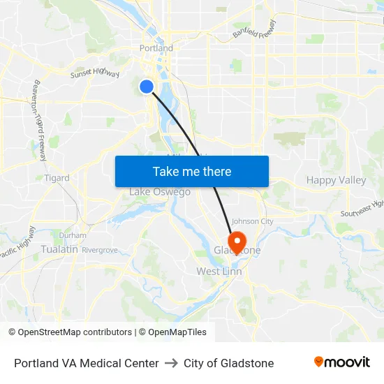 Portland VA Medical Center to City of Gladstone map