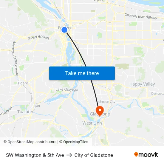 SW Washington & 5th Ave to City of Gladstone map