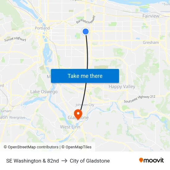 SE Washington & 82nd to City of Gladstone map