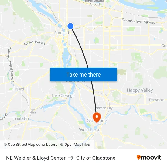 NE Weidler & Lloyd Center to City of Gladstone map