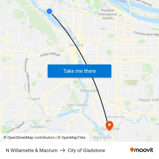 N Willamette & Macrum to City of Gladstone map