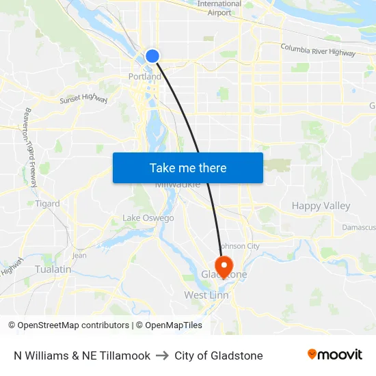 N Williams & NE Tillamook to City of Gladstone map