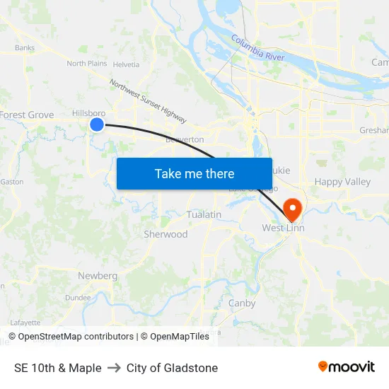SE 10th & Maple to City of Gladstone map