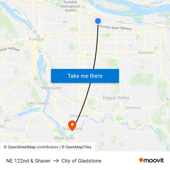 NE 122nd & Shaver to City of Gladstone map