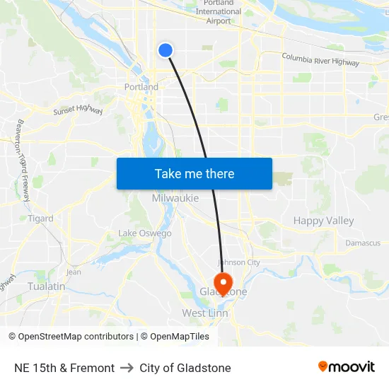 NE 15th & Fremont to City of Gladstone map