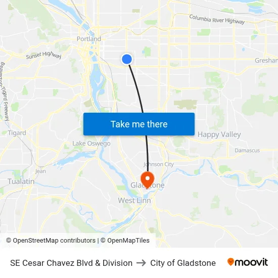 SE Cesar Chavez Blvd & Division to City of Gladstone map