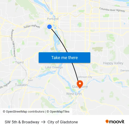 SW 5th & Broadway to City of Gladstone map
