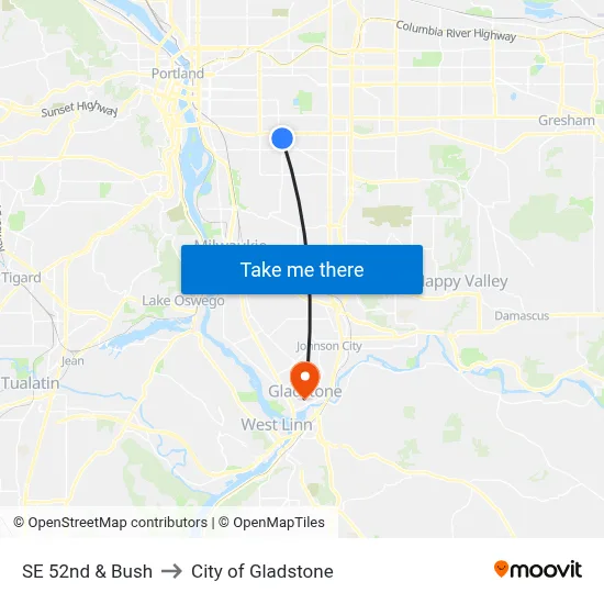 SE 52nd & Bush to City of Gladstone map