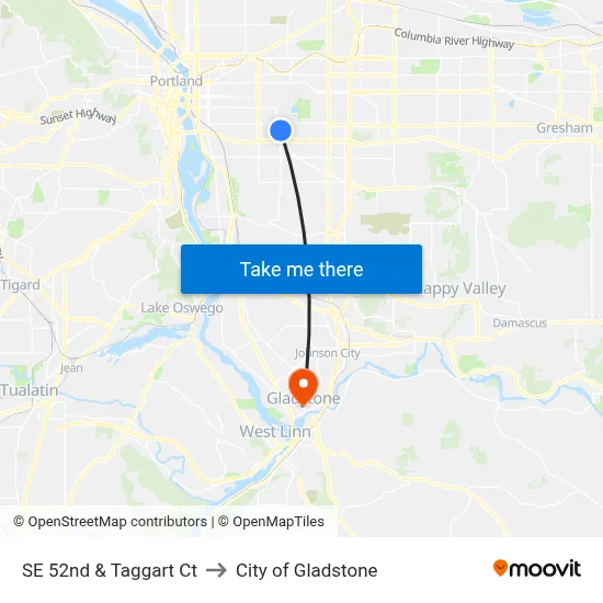 SE 52nd & Taggart Ct to City of Gladstone map
