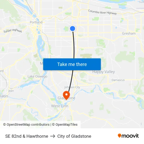 SE 82nd & Hawthorne to City of Gladstone map