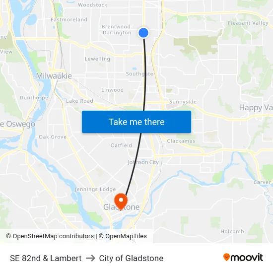 SE 82nd & Lambert to City of Gladstone map