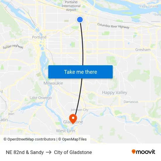 NE 82nd & Sandy to City of Gladstone map