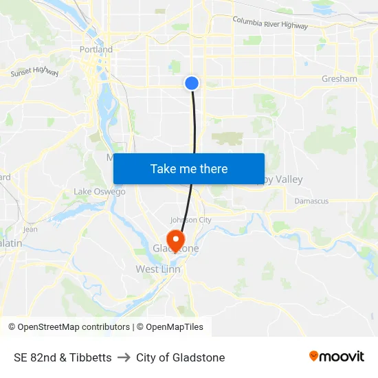 SE 82nd & Tibbetts to City of Gladstone map