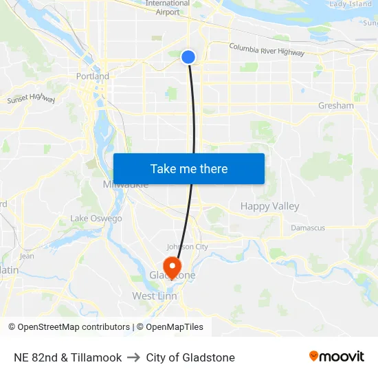 NE 82nd & Tillamook to City of Gladstone map